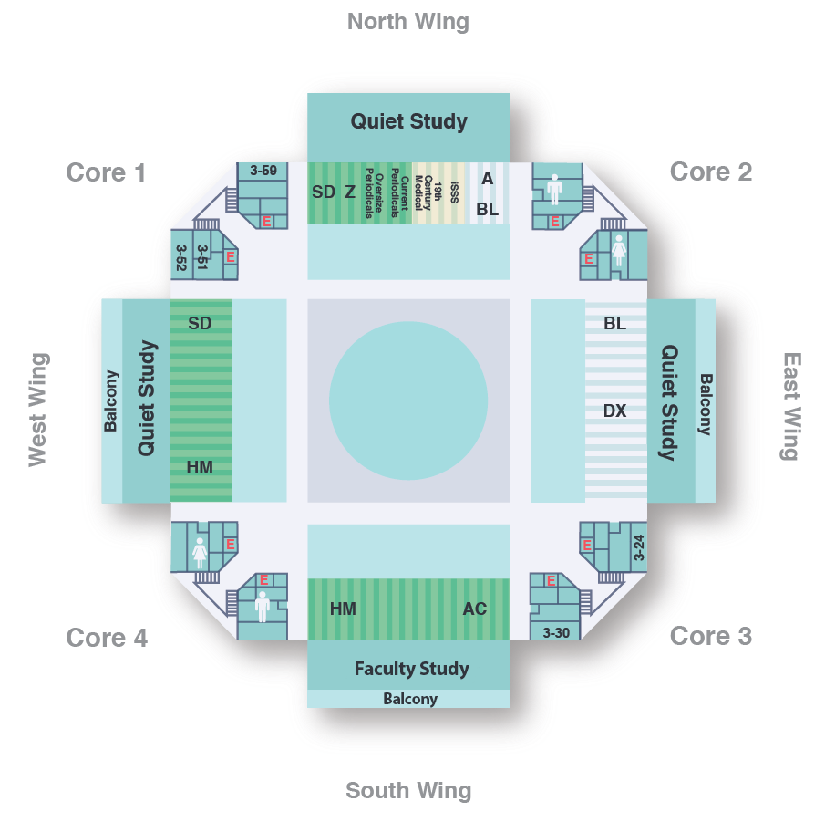 Floor map of third floor of Young Library showing service points.