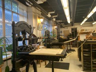 View of old printing presses in the King Library Press