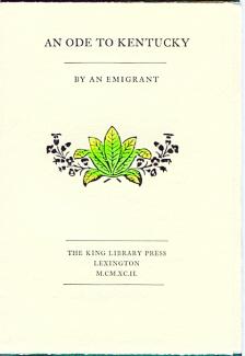 Title page to An Ode to Kentucky, by an Emigrant