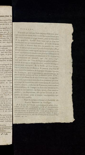 Letter to readers from Ladevèze to the subscribers of Courier Universel ou Véridiquem 