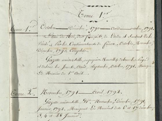 First page of handwritten index to UK Libraries' collection of French Revolution publications