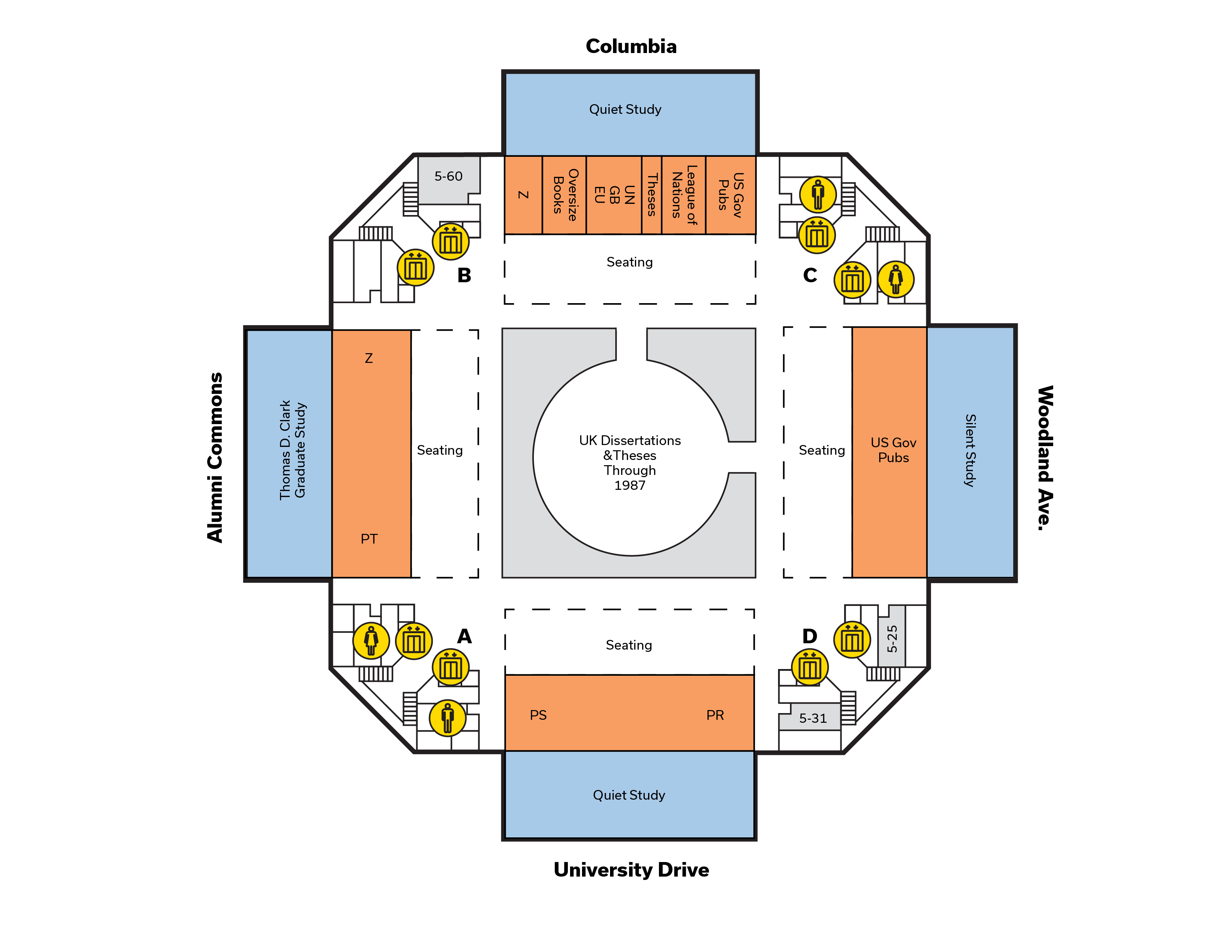 Floor map of fifth floor of Young Library showing service points.