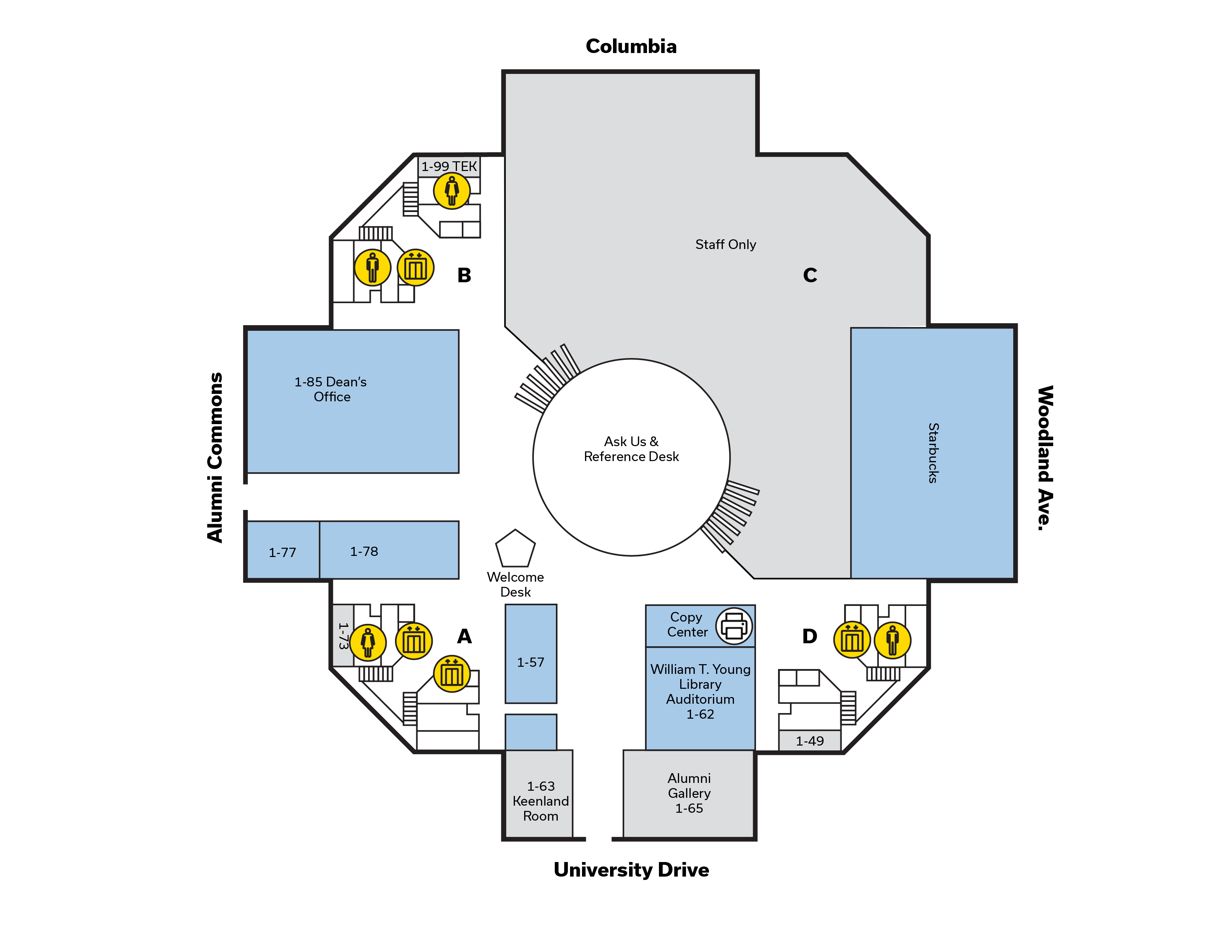 Floor map of First Floor in Young Library.