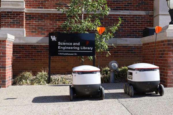 Starship delivery bots stationed at the Science & Engineering Library.