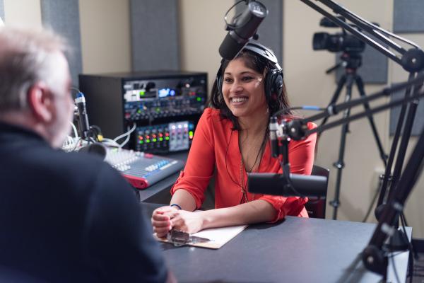 Individuals engaged in an interview in the Louie B. Nunn Center Recording Studio.