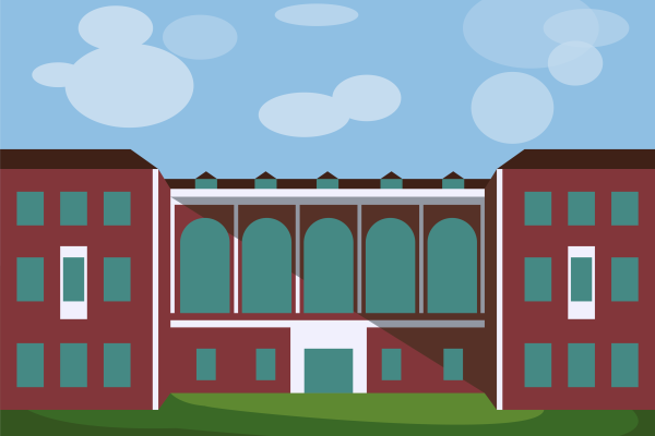 Digital drawing of the Margaret I. King Library building, showing the entrance to the Special Collections Research Center.