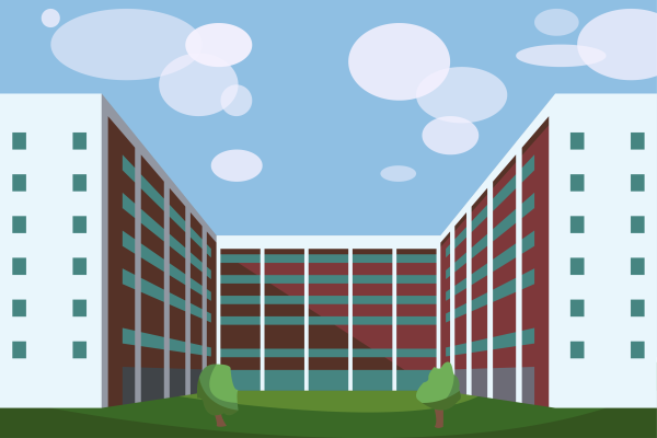 Digital drawing of the William R. Willard Medical Education Building, housing the Medical Center Library.