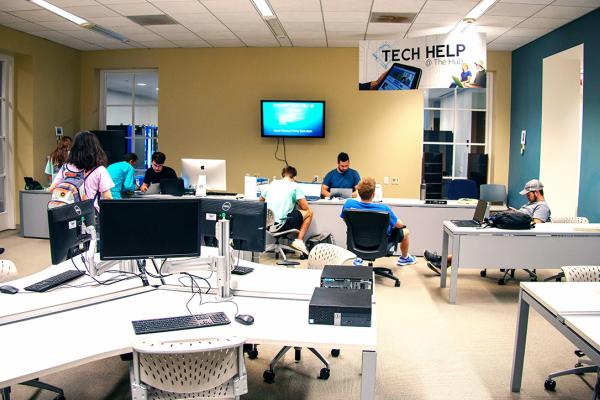 View of the Tech Help desk in the Hub at Young Library.
