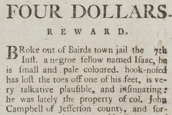 Runaway slave article from a Kentucky newspaper.