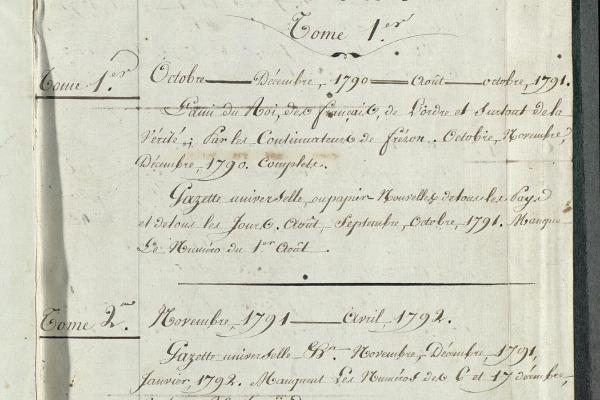 First page of handwritten index to UK Libraries' collection of French Revolution publications