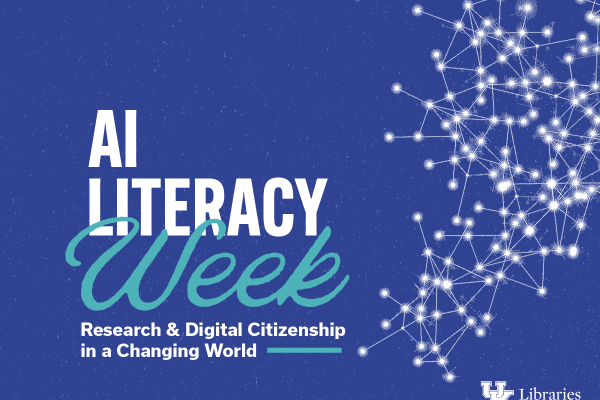 Graphic promoting AI Literacy Week with network node illustration