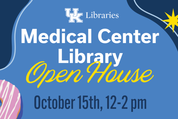 Graphic for Medical Center Library Open House with illustrations of coffee and donuts