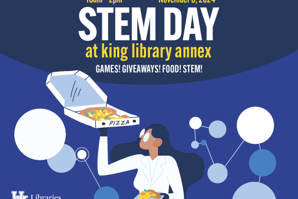 Graphic with scientist holding a box of pizza