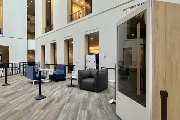 Sample furniture in the William T Young Library atrium