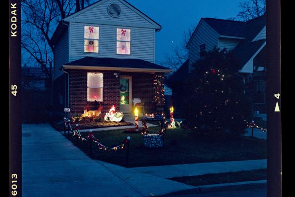 House in the early evening with holiday lights