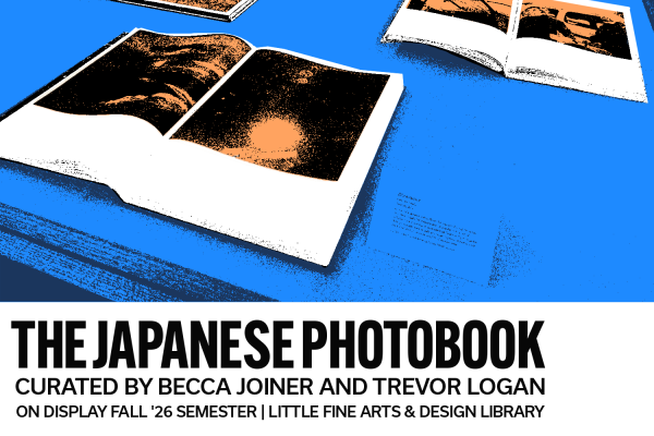 Graphic for Japanese Photobook Exhibit with images of books in a display case