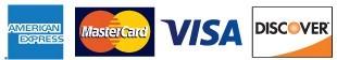 American Express logo, Mastercard logo, Visa logo, Discover logo.