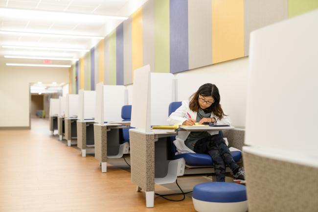 Female student studies in the basement of the Medical Center Library.