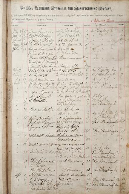 Handwritten ledger of the Lexington Hydraulic & Manufacturing Company