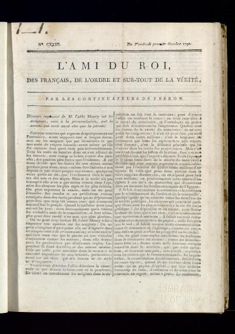First page of French Revolution bulletin "L'Ami Du Roi" from October 1, 1790