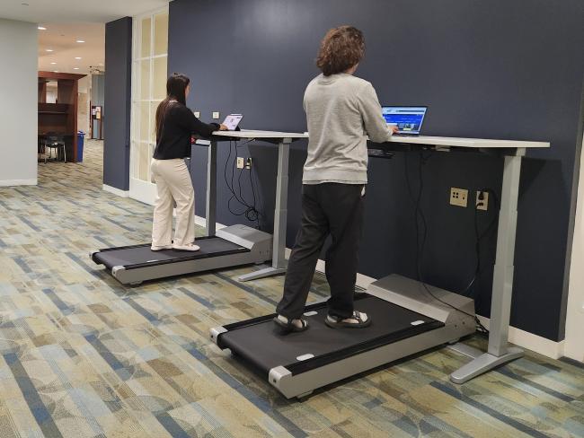 Two students work while walking on treadmill desks