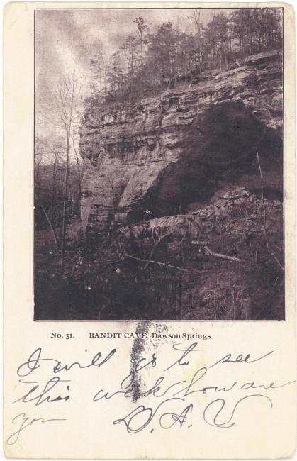 Postcard depicting Bandit's Cave with handwritten note