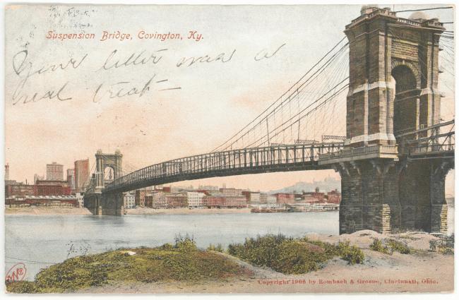 Postcard depicting the Roebling Bridge between Covington and Cincinnati