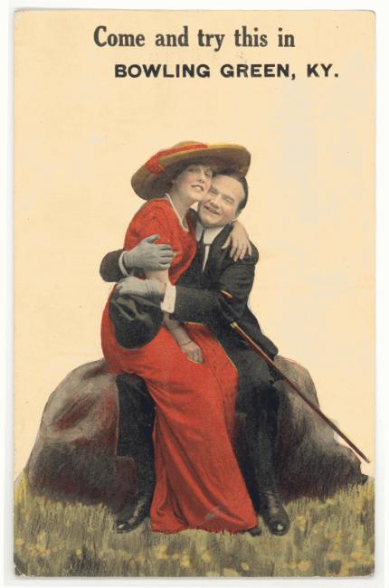 A postcard depicting a woman sitting in a man's lap with the words "Come and try this in BOWLING GREEN, KY"