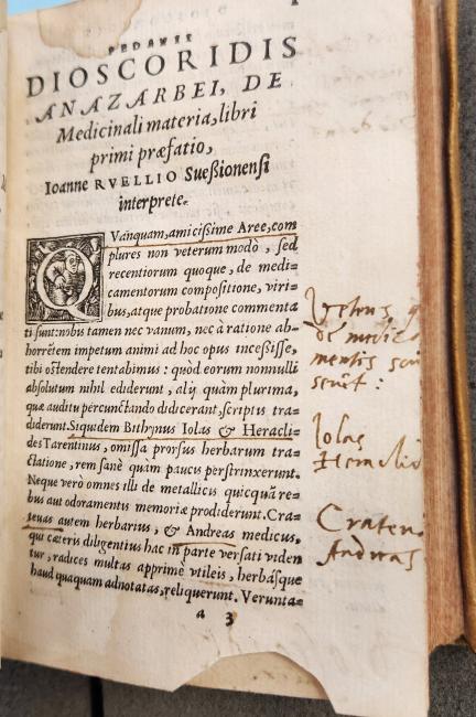 Page from Pedanii Dioscoridis Anazarbei, 1547, with marginal annotations