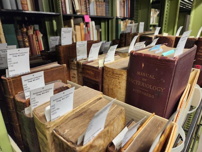 Rare books from the Ambrose Collection on the shelves of King Library