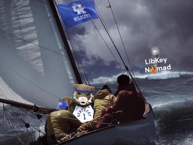 A small boat on stormy seas floats towards a light house labeled "LibKey Nomad"