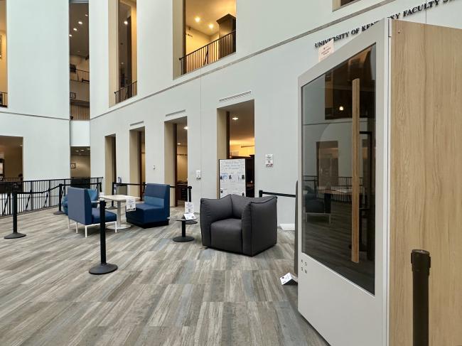Sample furniture in the William T Young Library atrium