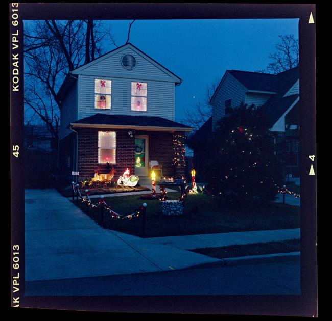 House in the early evening with holiday lights