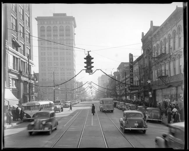 Photograph of Main Street, Lexington, in the 1940s with holiday garlands