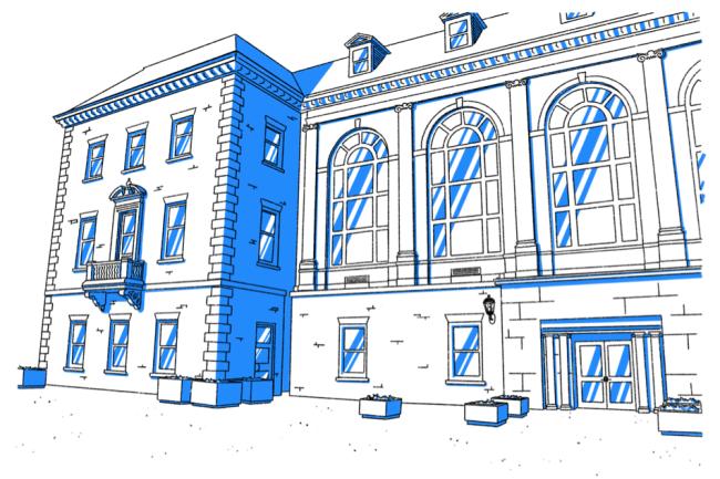 Digital drawing of the Margaret I. King Library building, showing the entrance to the Special Collections Research Center.