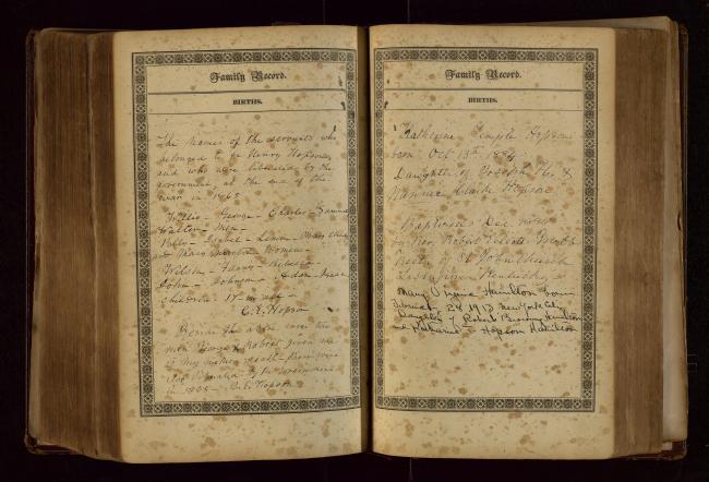 A page from Catharine Hopson's bible listing 19 enslaved people emancipated in 1865