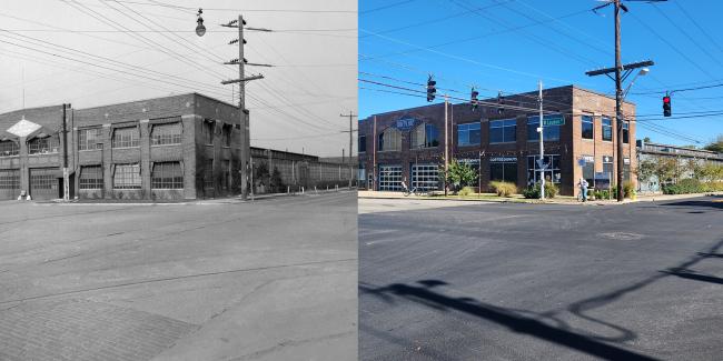 Archival image and contemporary photograph of Greyline Station in Lexington