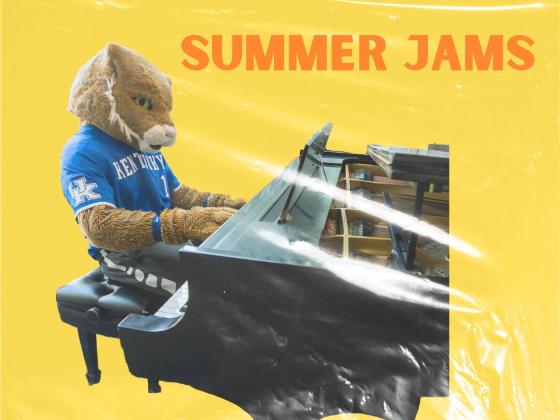 An album cover with the Wildcat mascot playing piano