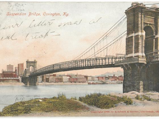 Postcard depicting the Roebling Bridge between Covington and Cincinnati