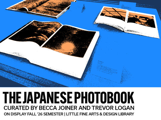 Graphic for Japanese Photobook Exhibit with images of books in a display case